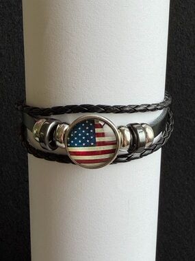 American Flag Bracelet Black Braided Faux Leather Patriotic Unisex